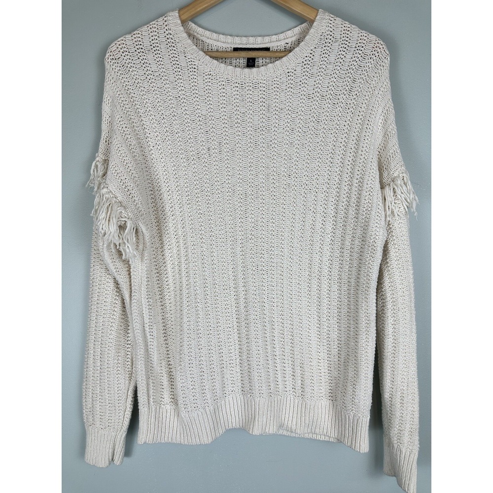Banana Republic Fringe Knit Sweater Cream Textured Boho Pullover Women's L